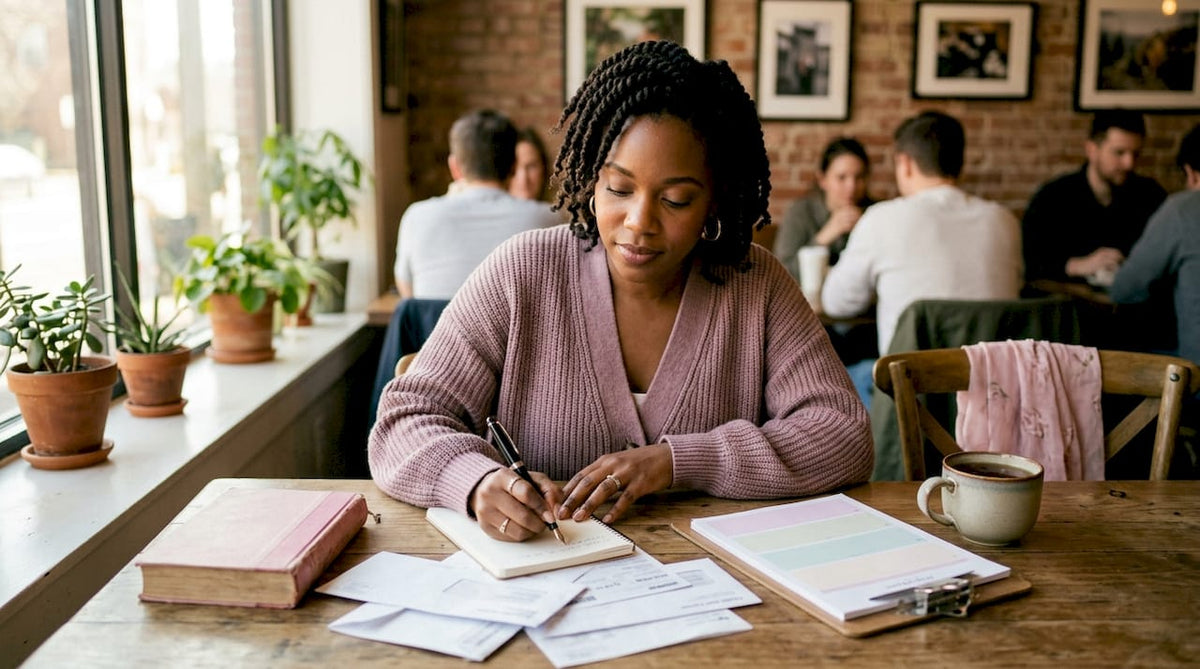 Woman budgeting with bills at kitchen table