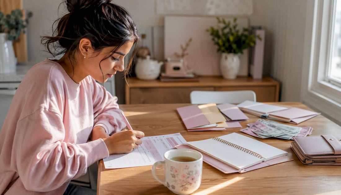 Person writing budget sheet at home desk