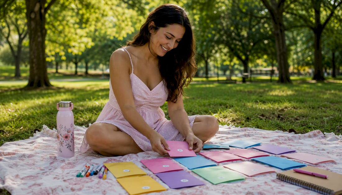 Woman sorting cash envelopes at kitchen table