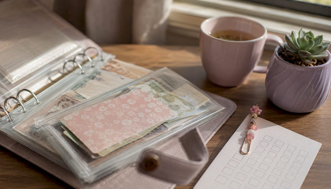 Open binder with cash envelopes and savings tracker