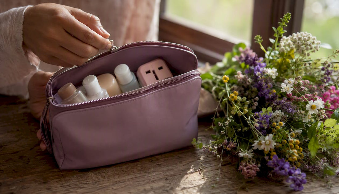 Zipper pouch with travel toiletries on linen