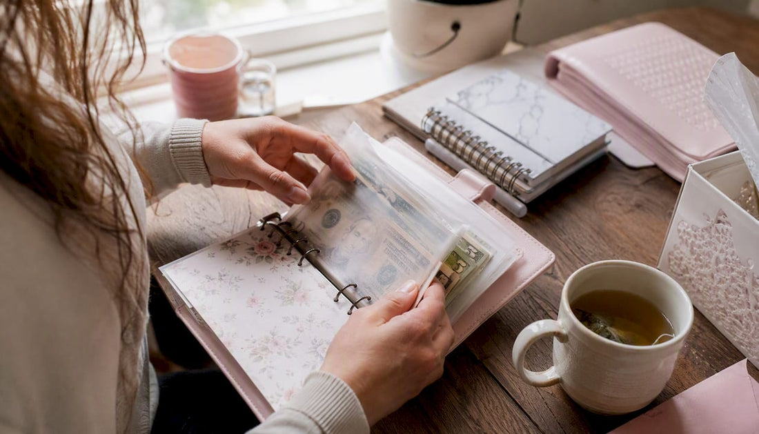 Hand organizing labeled cash envelopes into binder
