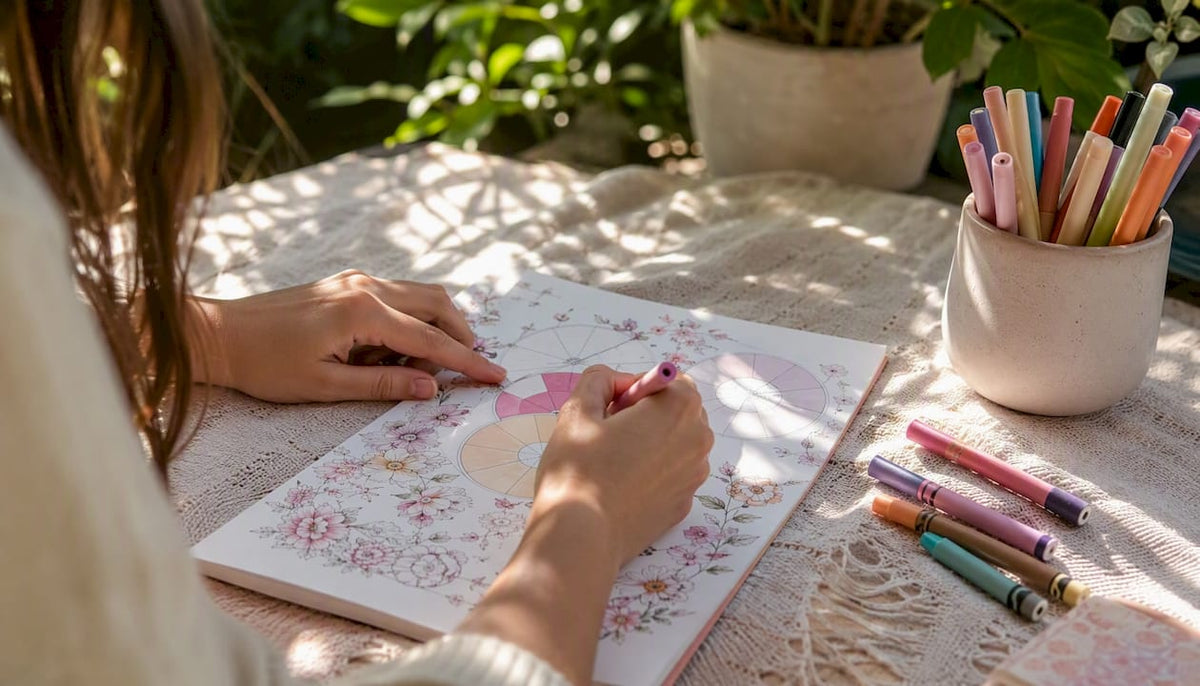 Hands coloring a savings tracker sheet