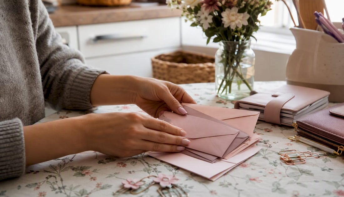 Hands stuffing cash into wedding savings envelopes