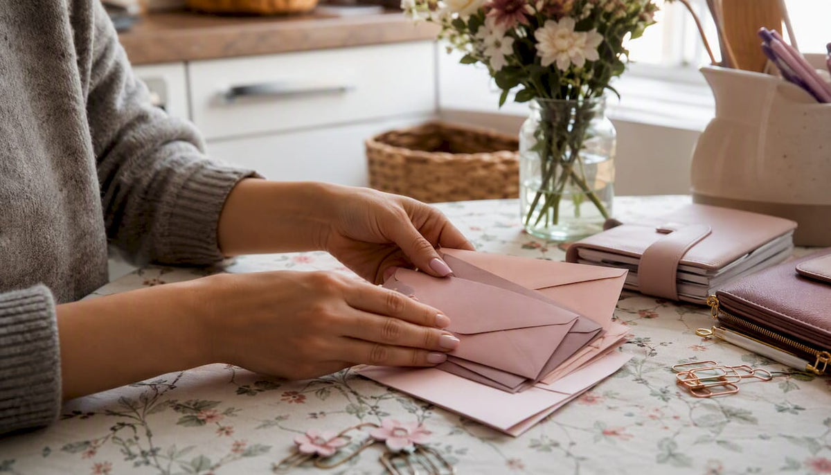 Hands stuffing cash into wedding savings envelopes