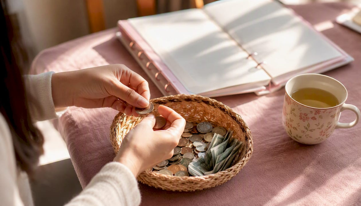 Hands putting cash into savings jar on mauve cloth
