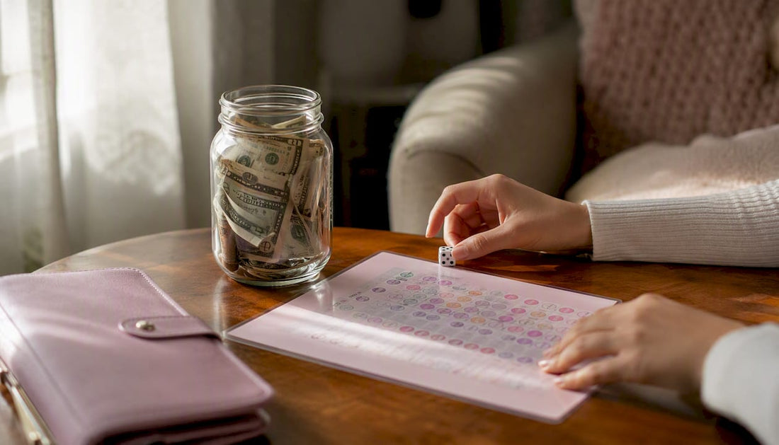 Hands rolling die next to cash savings jar