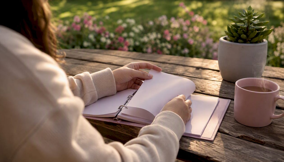 Hands placing savings tracker binder on table
