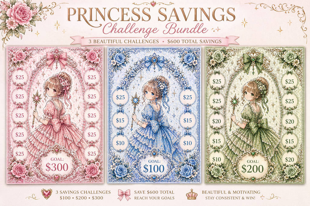 Princess Savings Challenge Bundle | $100, $200 & $300 Cash Stuffing Tracker Set | Budget Binder Inserts