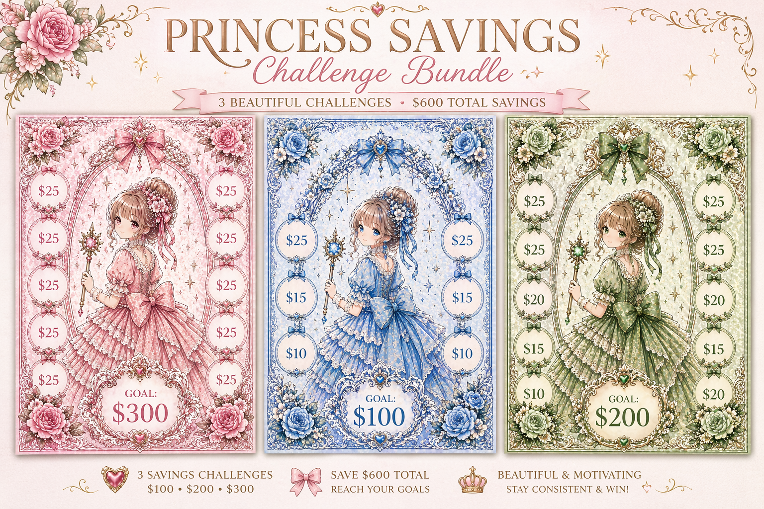Princess Savings Challenge Bundle | $100, $200 & $300 Cash Stuffing Tracker Set | Budget Binder Inserts