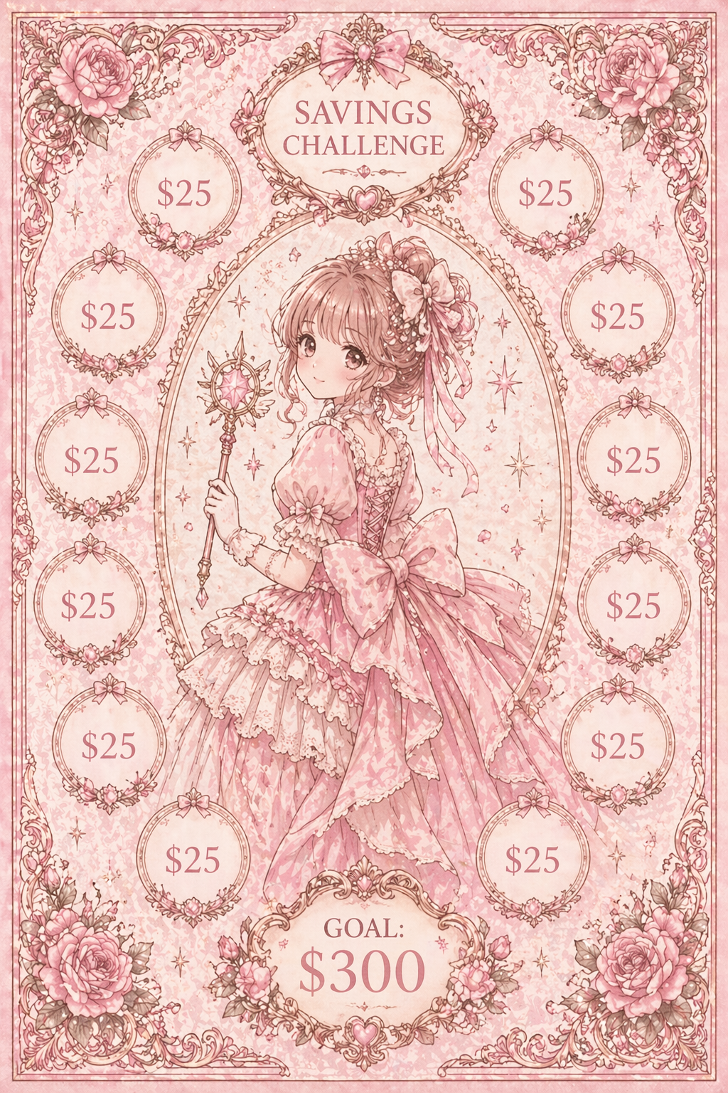 Princess Savings Challenge Bundle | $100, $200 & $300 Cash Stuffing Tracker Set | Budget Binder Inserts